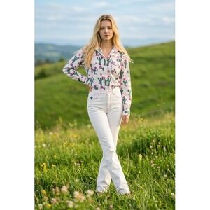 Cowgirl Hardware Cactus Floral Pearl Snap Western Shirt Pink Rhinestone Womens L